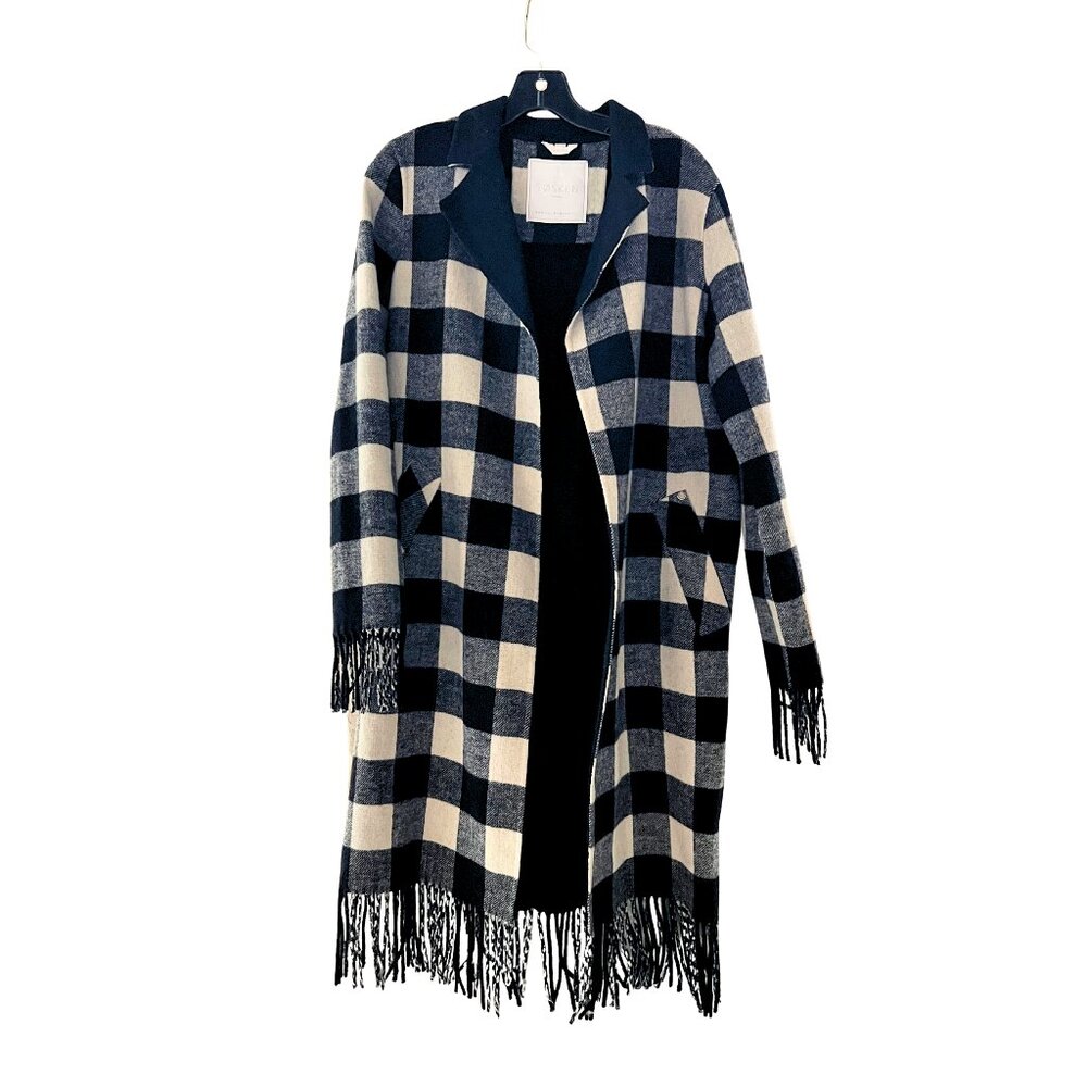 Sosken Buffalo Check Plaid Fringe Duster Wool Coat